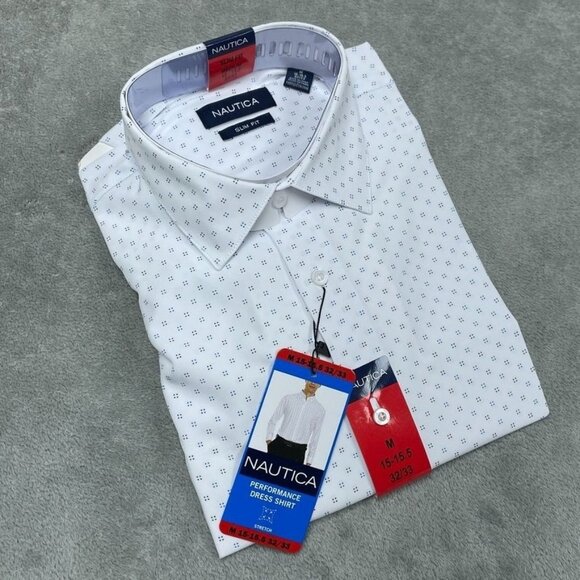 Nautica Slim Fit Performance Dress Shirt M 15-15.5 White Pattern a1240 - Picture 1 of 6